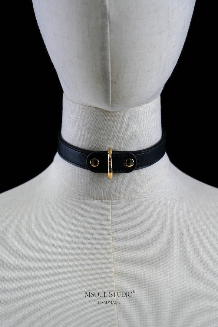 Black Leather Choker with D-Ring