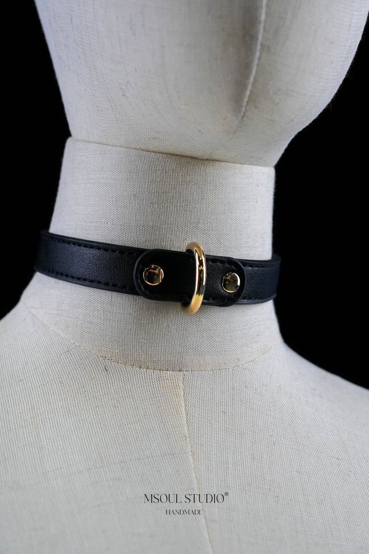 Black Leather Choker with D-Ring