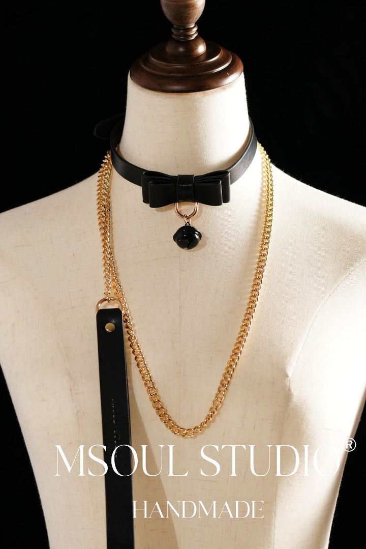 Geniune Leather bell choker with leash