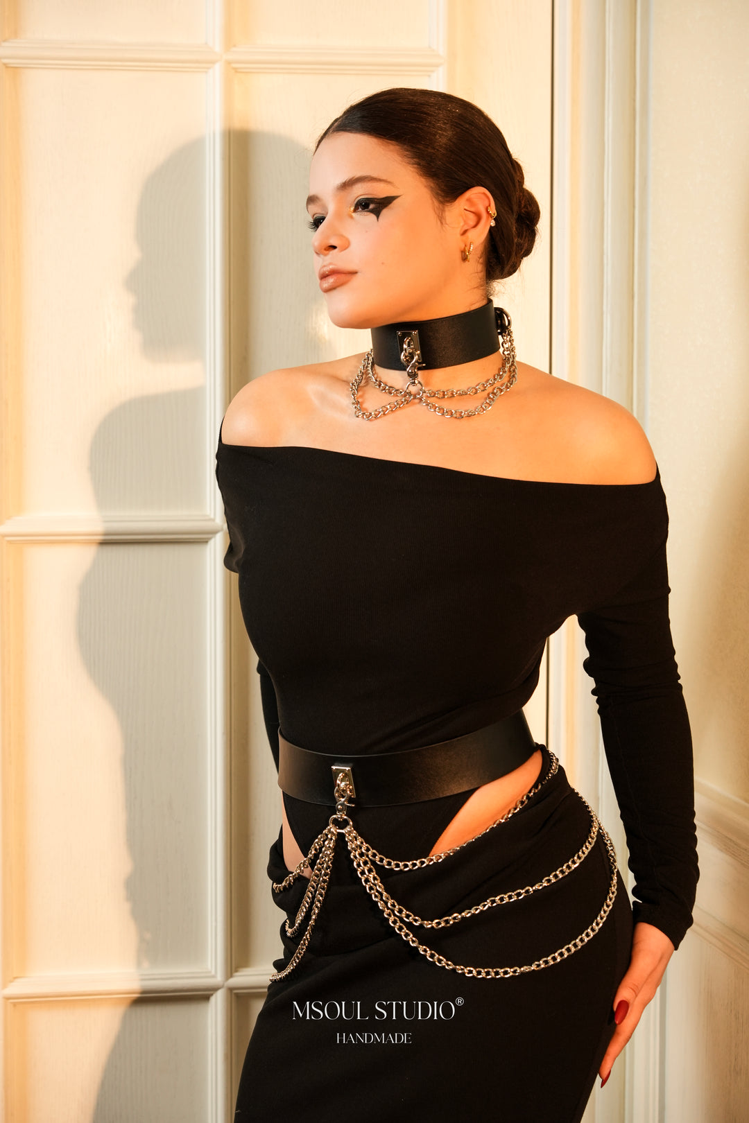 MSOUL STUDIO The Cascade Chain Belt, black leather waist belt with layered silver chains