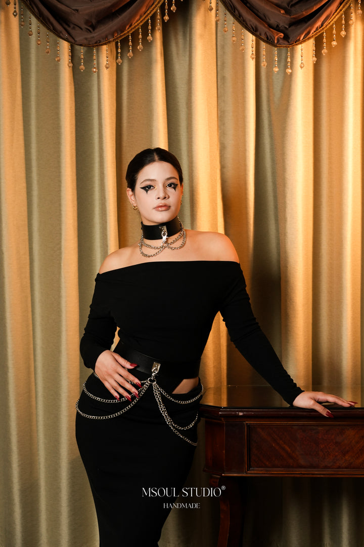 Cascade Set collar and layered silver chain belt worn with a black dress