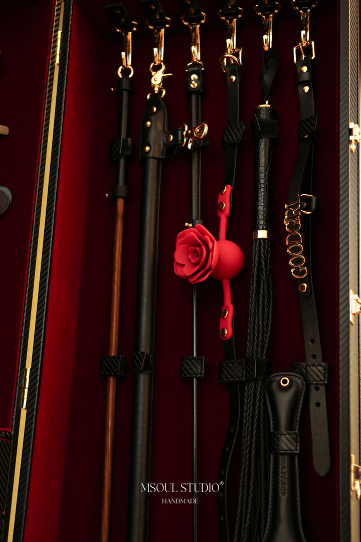 Leather straps, red rose detail, cane and flogger hanging in the red velvet trunk lid