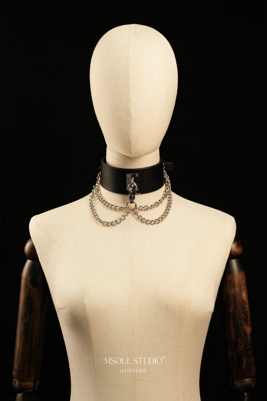 Cascade Collar on a full mannequin with wooden arms