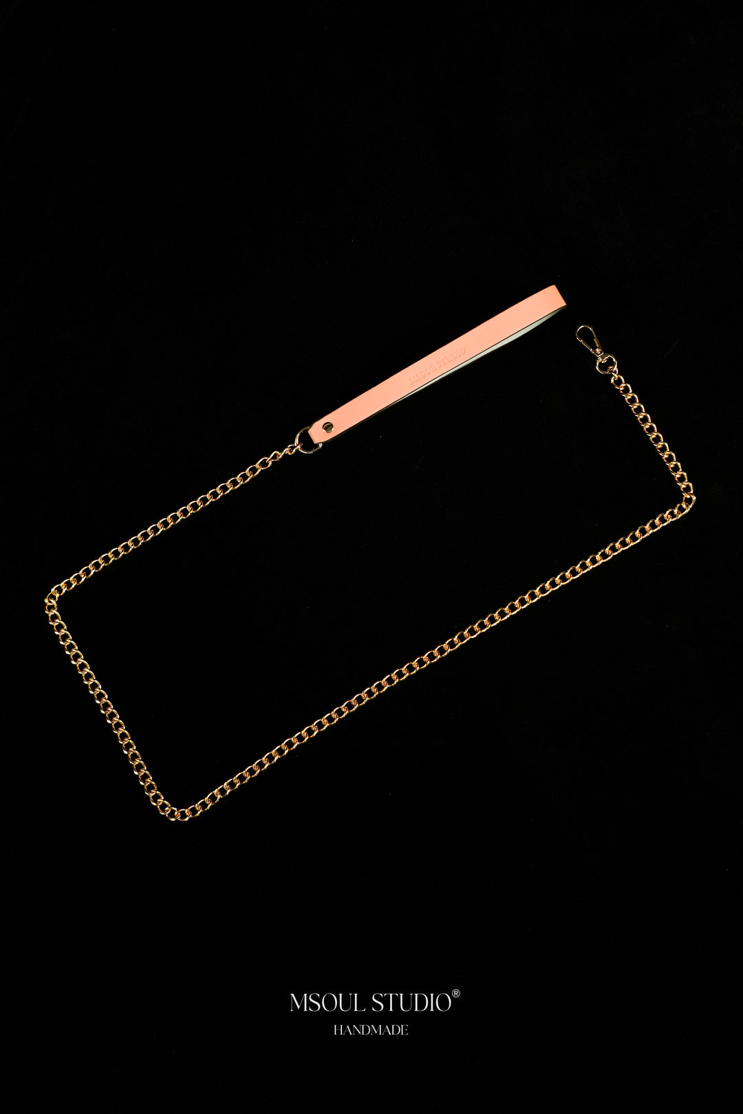Gold-tone chain leash laid in a loop with its pink vegan leather handle