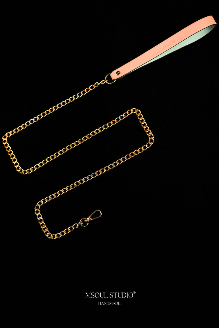 Pink and pale blue vegan leather handle with a looping gold-tone chain and clasp