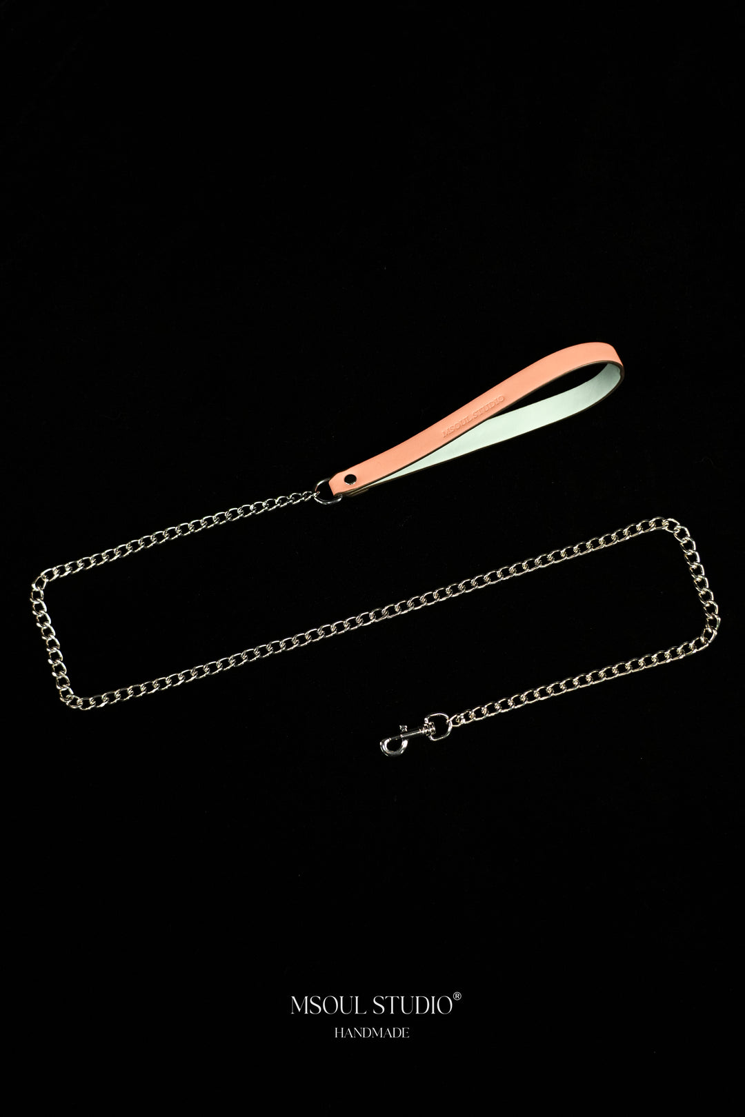 Full length of the leash with silver-tone chain ending in a metal clasp