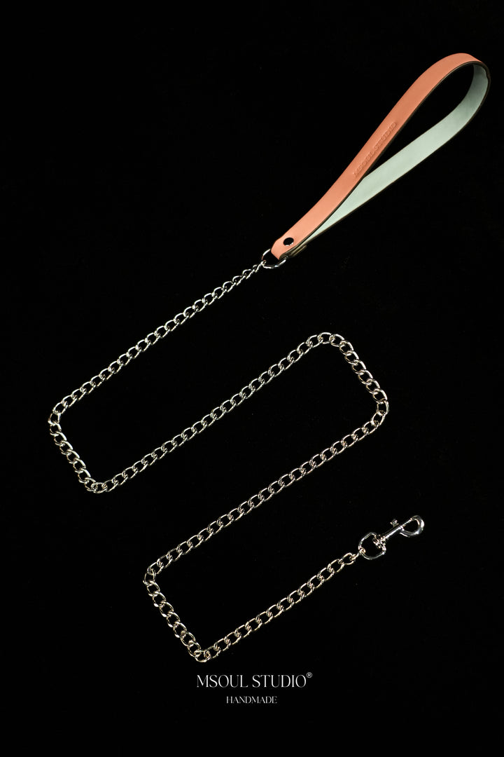 MSOUL STUDIO Pink &amp; Blue Leather Leash — Silver, pink vegan leather handle with silver-tone chain