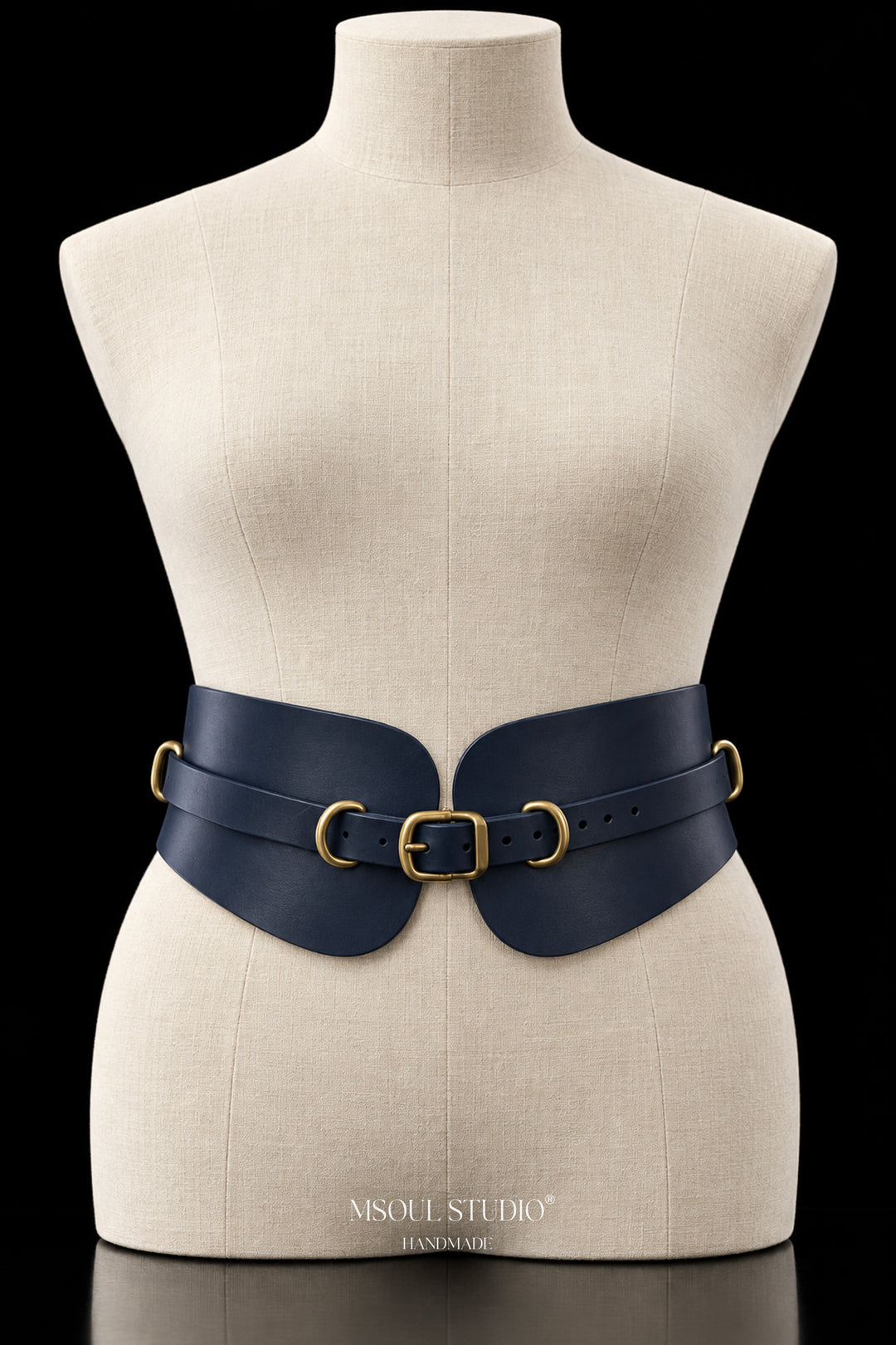 The Rein Waist Belt by MSOUL STUDIO, front view with overlay strap, brushed gold buckle closure and gold D-rings