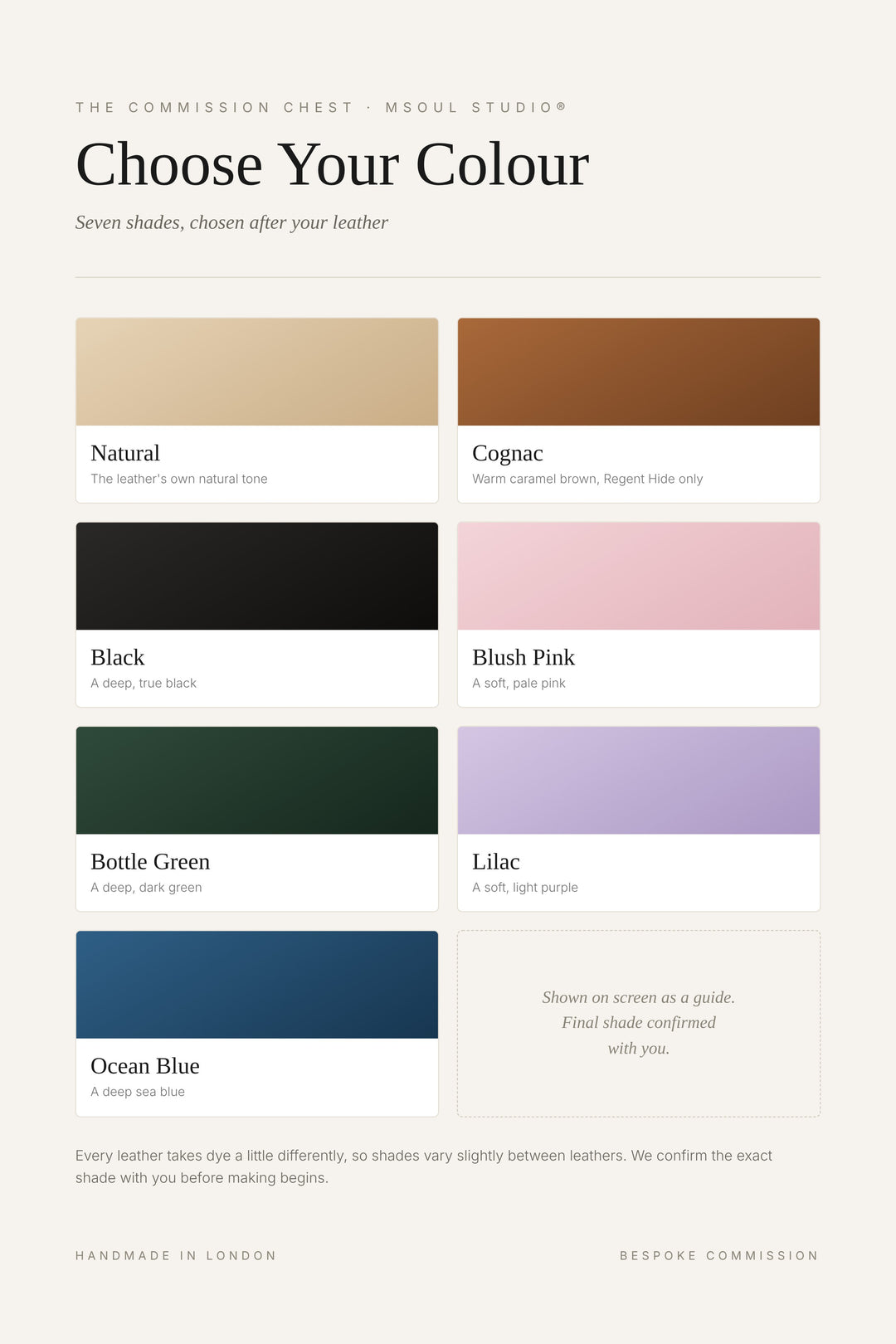 The Commission Chest colour chart: Natural, Cognac, Black, Blush Pink, Bottle Green, Lilac, Ocean Blue