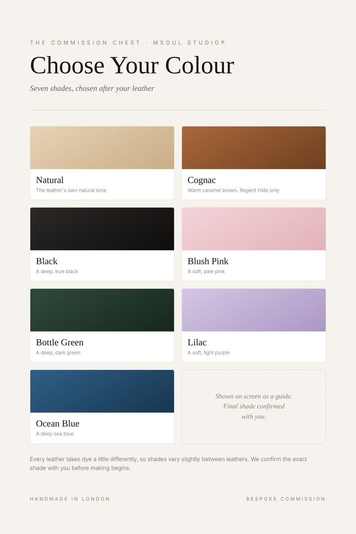 The Commission Chest colour chart: Natural, Cognac, Black, Blush Pink, Bottle Green, Lilac, Ocean Blue