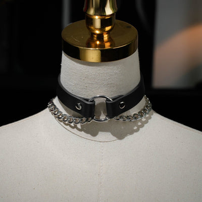 Handmade Choker Collar With Sliver Double Chain Genuine Leather Necklace
