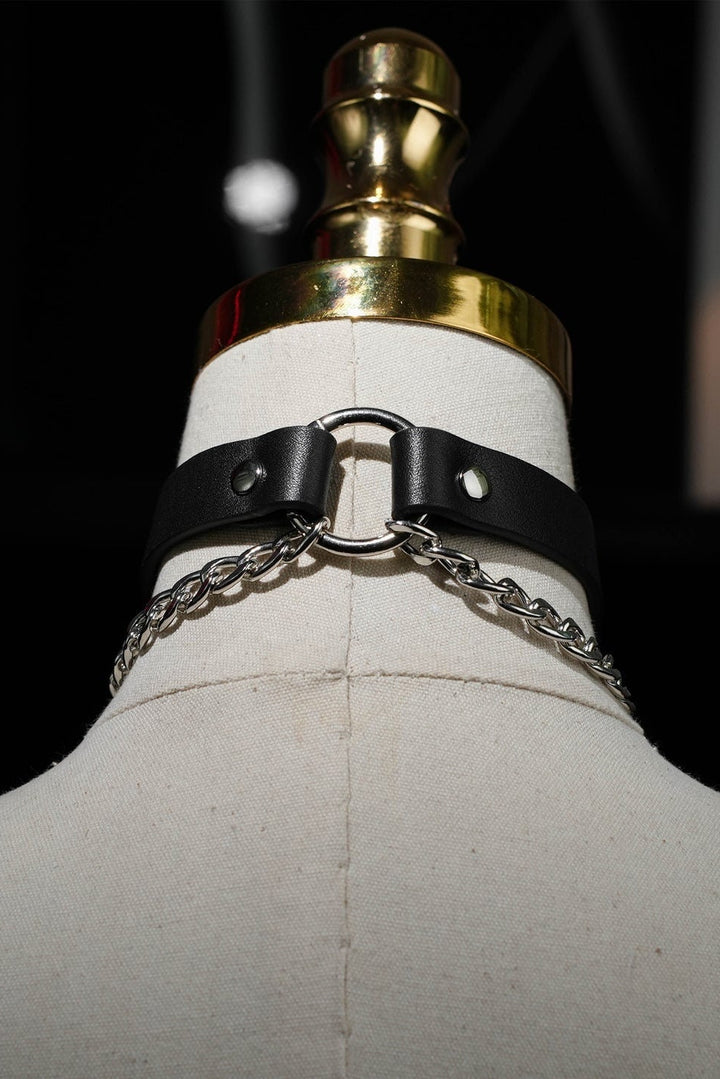 Handmade Choker Collar With Sliver Double Chain Genuine Leather Necklace
