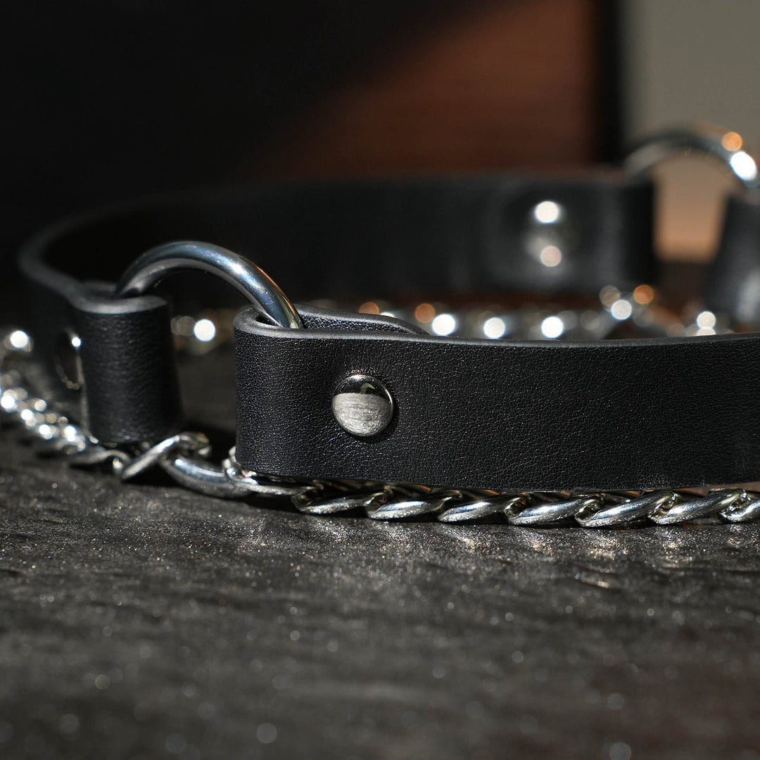 Handmade Choker Collar With Sliver Double Chain Genuine Leather Necklace