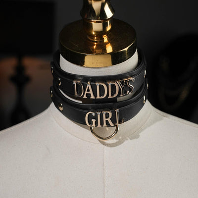 Custom "Daddy's Girl" Genuine Leather Choker – Handmade Black Adjustable Collar with Customizable Letters and Leash