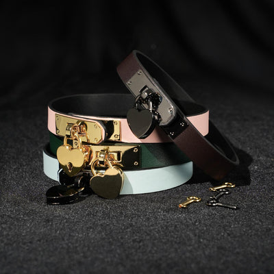 Handmade Heart Lock Choker, PU Leather Collar with Key Gold,Sliver and Black Lock Options